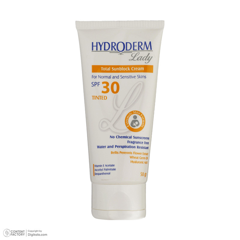کرم ضد آفتاب رنگی هیدرودرم مدل SPF30 مناسب پوست های معمولی و حساس حجم 50 میلی لیتر