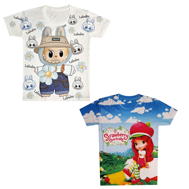 تی‌شرت آستین کوتاه دخترانه مدل لبوبو و توت فرنگی مجموعه 2 عددی