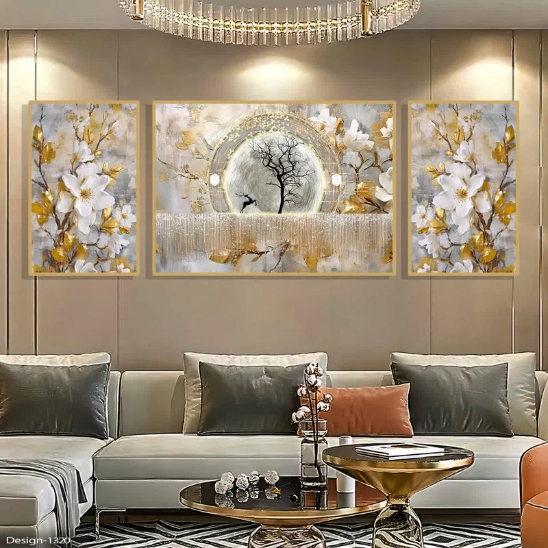 تابلو مدل منظره طرح گوزن کد 350 فریم طلایی مجموعه سه عددی