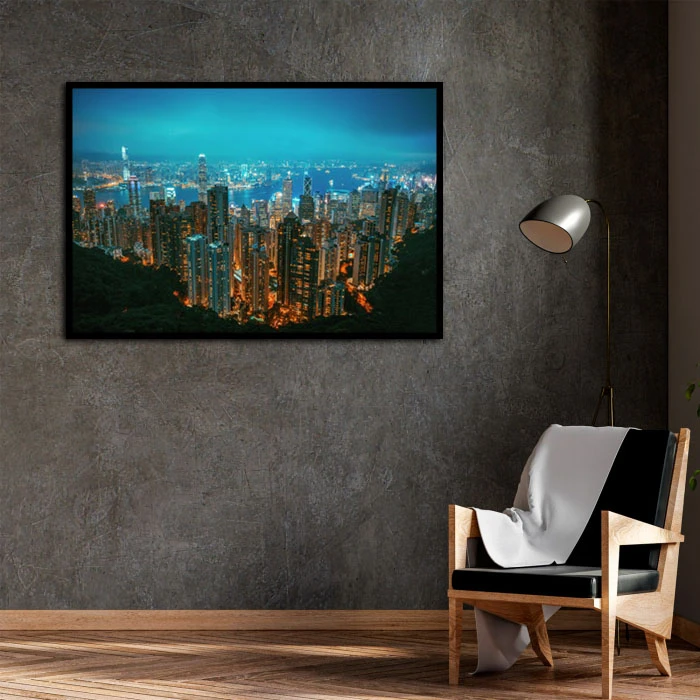 تابلو نوری بکلیت طرح منظره شهری هنگ کنگ مدل B-D2059 فریم مشکی 