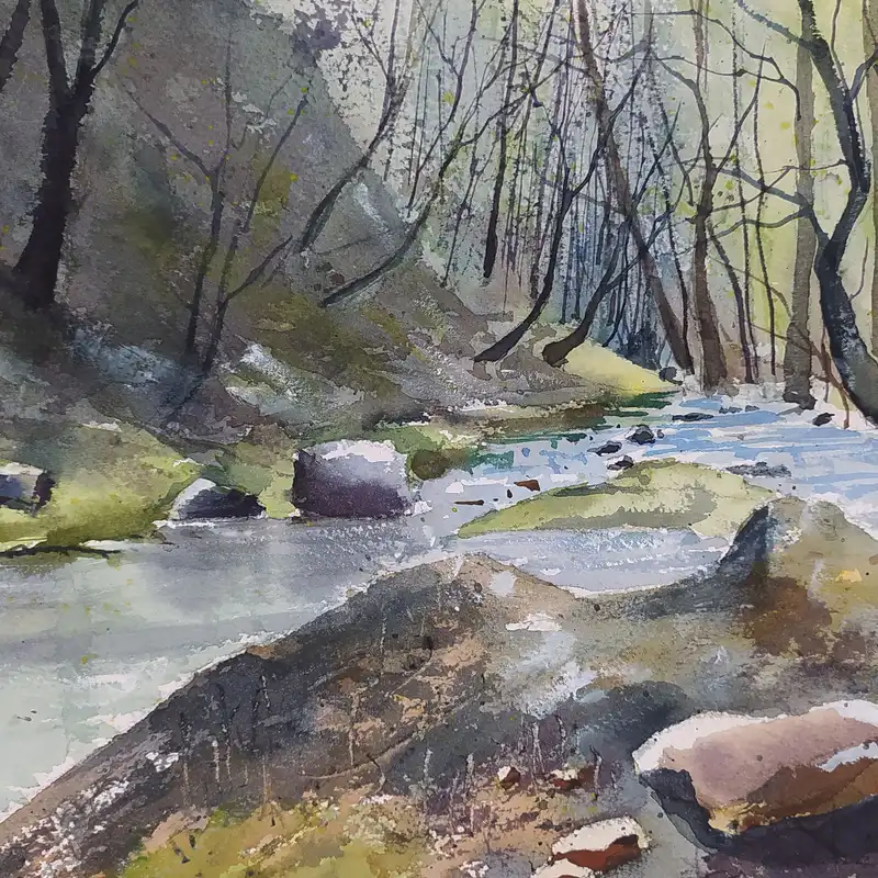 نقاشی آبرنگ طرح رودخانه جنگلی کد 88