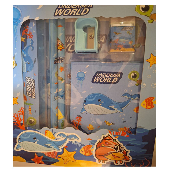 بسته لوازم تحریر طرح دنیای زیر دریا مجموعه پنج عددی