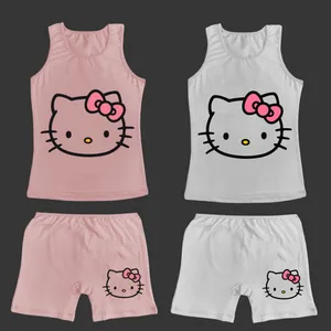 ست تاپ و شلوارک دخترانه مدل نخ پنبه کشی کیتی مجموعه 2 عددی