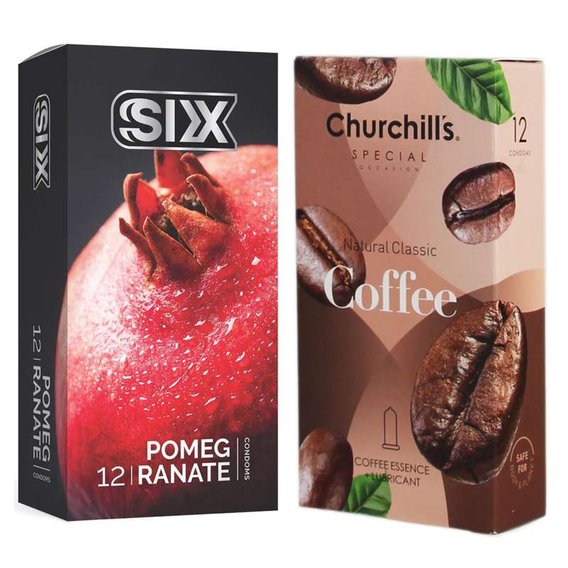 کاندوم چرچیلز مدل Coffee بسته 12 عددی به همراه کاندوم سیکس مدل انار بسته 12 عددی
