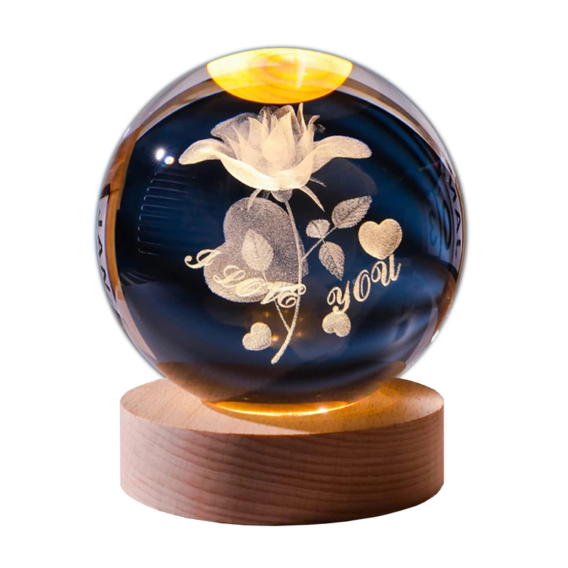 چراغ خواب مدل گوی شیشه ای سه بعدی طرح گل رز I Love You 