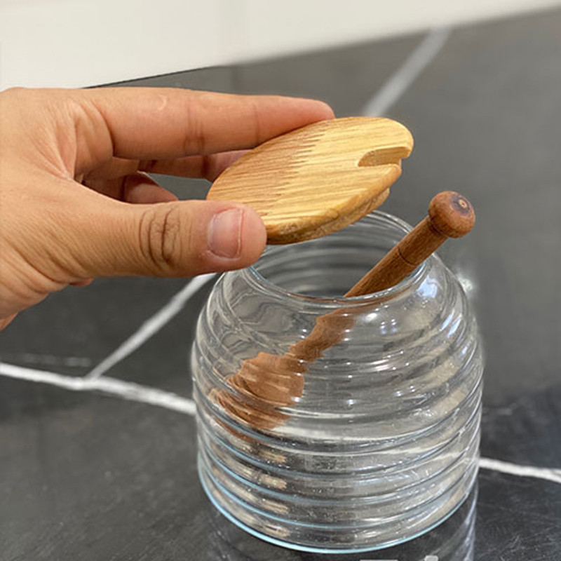ظرف عسل مدل درب چوبی کد DH72 به همراه قاشق