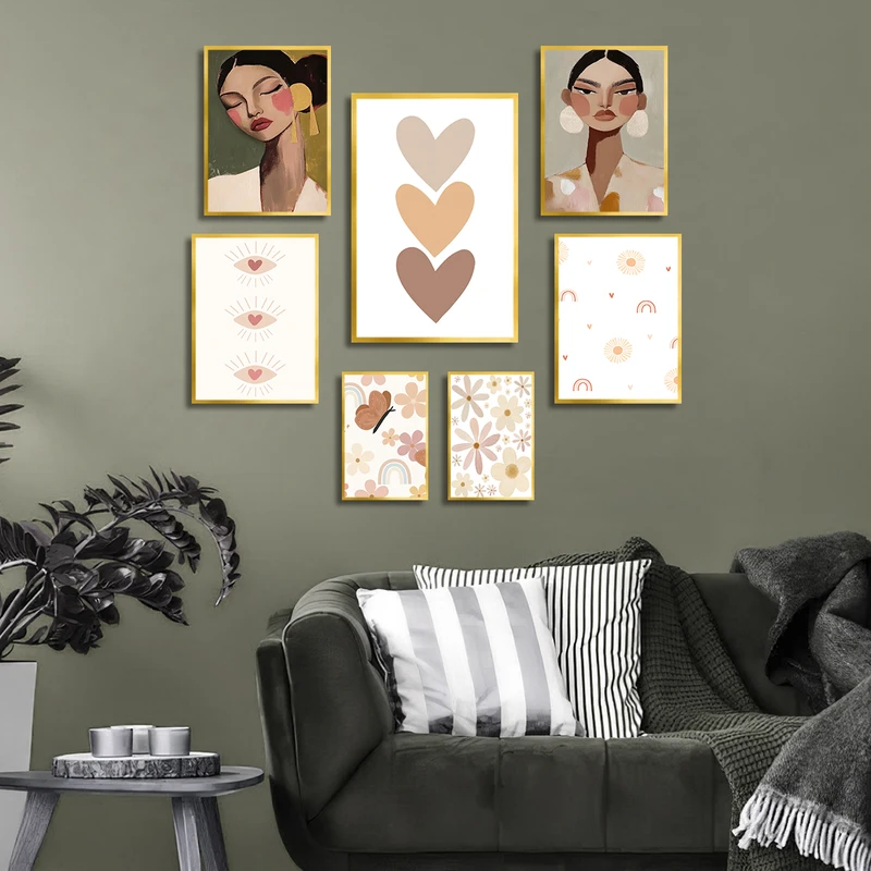 تابلو بکلیت طرح نقاشی مینیمال قلب و چهره مدل T-3755 فریم طلایی مجموعه 7 عددی