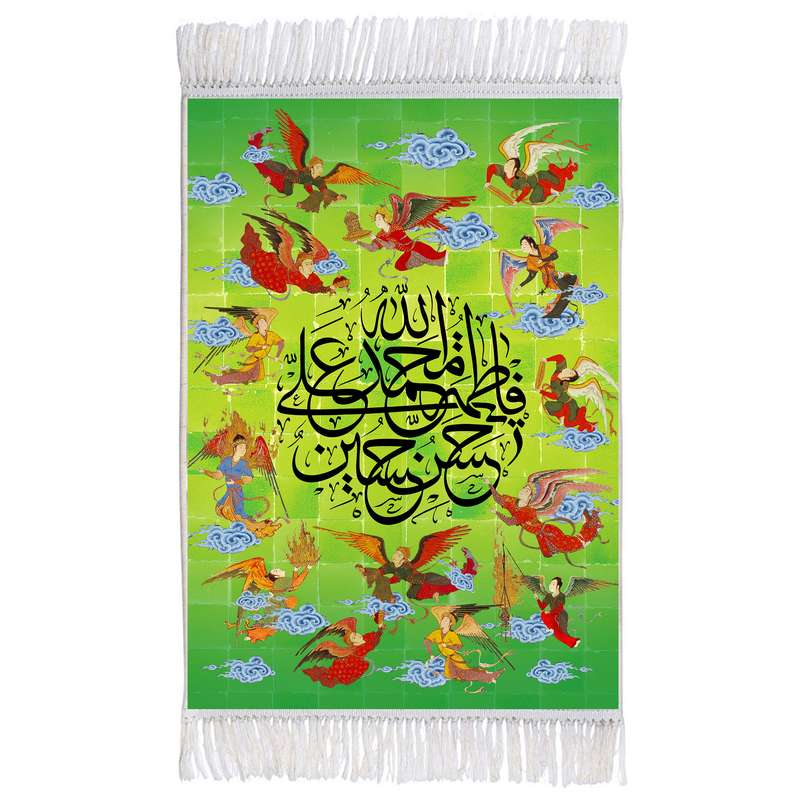 فرش ماشینی دیوارکوب اطلس آبی طرح پنج تن الله محمد و علی و فاطمه و حسن و حسین مدل T3115