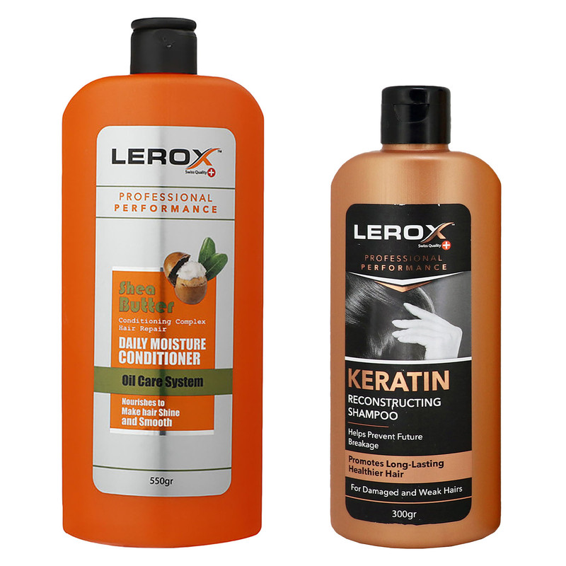 نرم‌کننده مو لروکس مدل روزانه شیباتر وزن 550 گرم به همراه شامپو مو لروکس مدل کراتین وزن 300 گرم