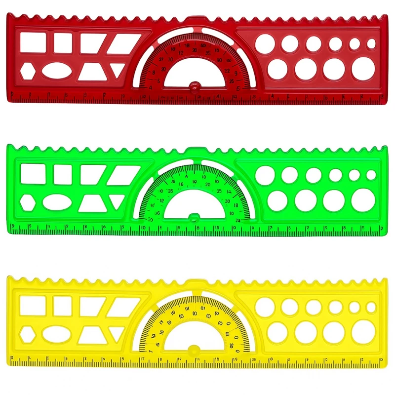 خط‌کش ۲۰ سانتی‌متری مدل نقاله دار شابلون دار بسته 3 عددی