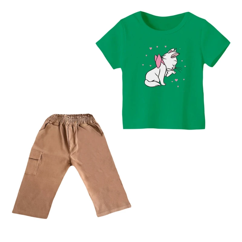 ست تی شرت و شلوارک دخترانه مدل گربه اشرافی کد 3