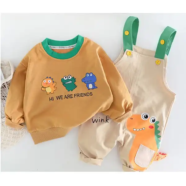 ست سویشرت و سرهمی نوزادی مدل دایناسور رنگ کرم