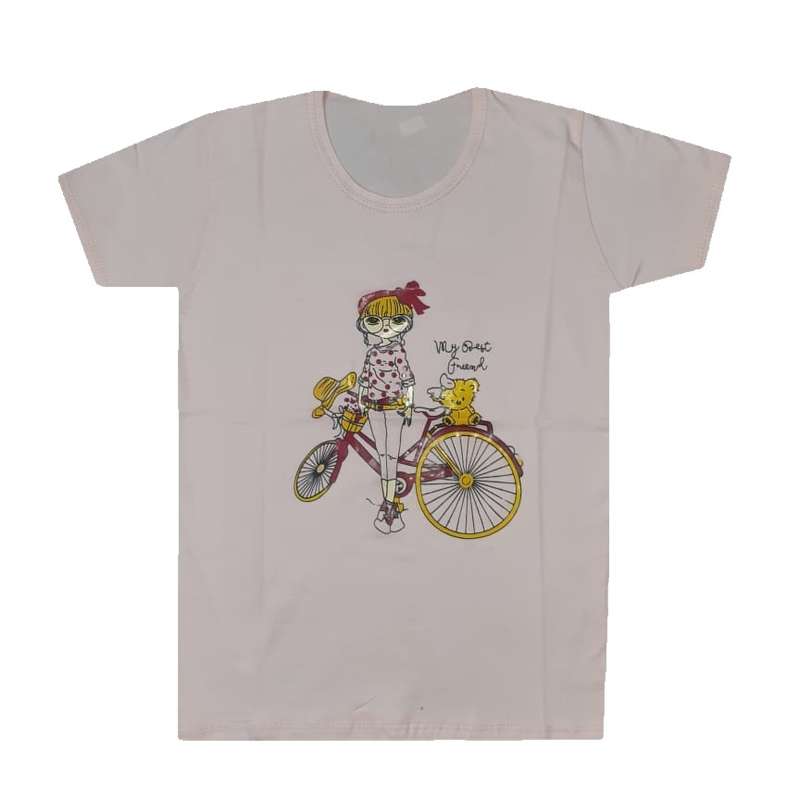 تی شرت آستین کوتاه دخترانه مدل دخترک دوچرخه سوار رنگ صورتی روشن
