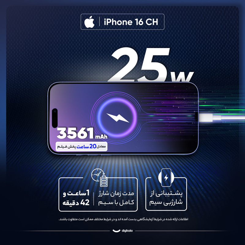 گوشی موبایل اپل مدل iPhone 16 CH دو سیم کارت ظرفیت 128 گیگابایت و رم 8 گیگابایت - به همراه شارژر 20 وات اپل