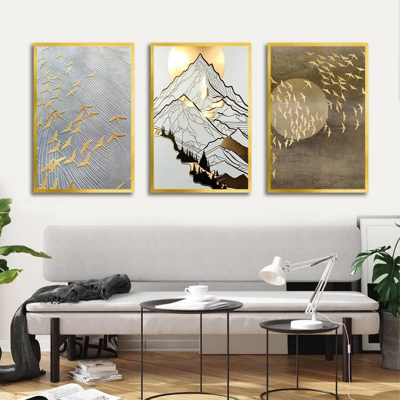 تابلو ساده بکلیت طرح کوه و پرنده طلایی مدل شاین اکلیلی T-2637 فریم طلایی مجموعه 3 عددی
