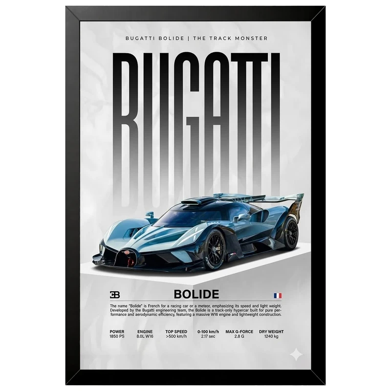 تابلو بکلیت طرح ماشین و خودرو بوگاتی Bugatti BOLIDE مدل B-az1013 فریم مشکی