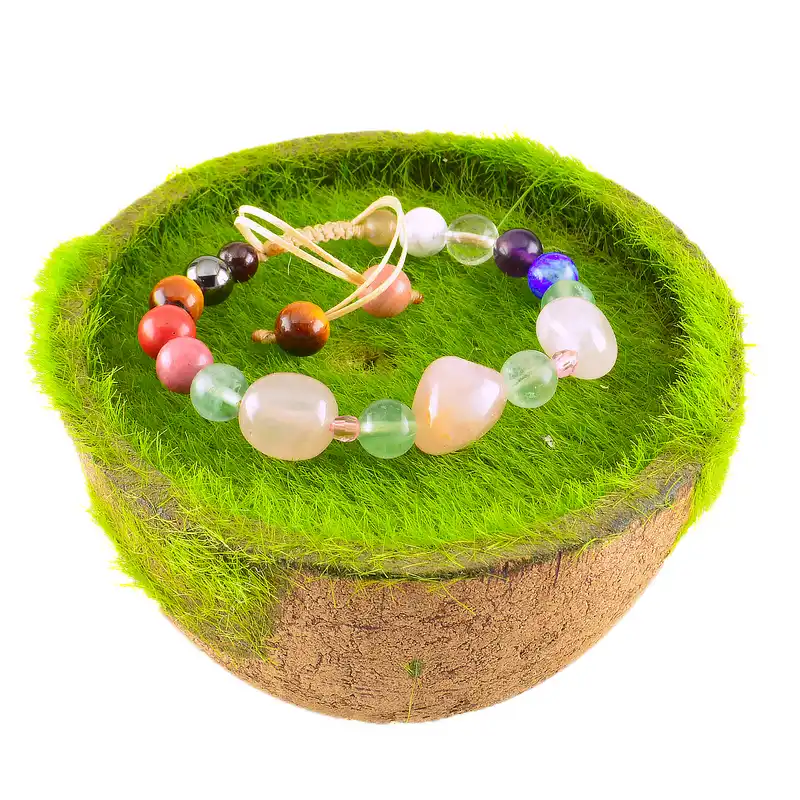 دستبند زنانه مدل سنگ رزکوارتز هفت سنگ چاکرا