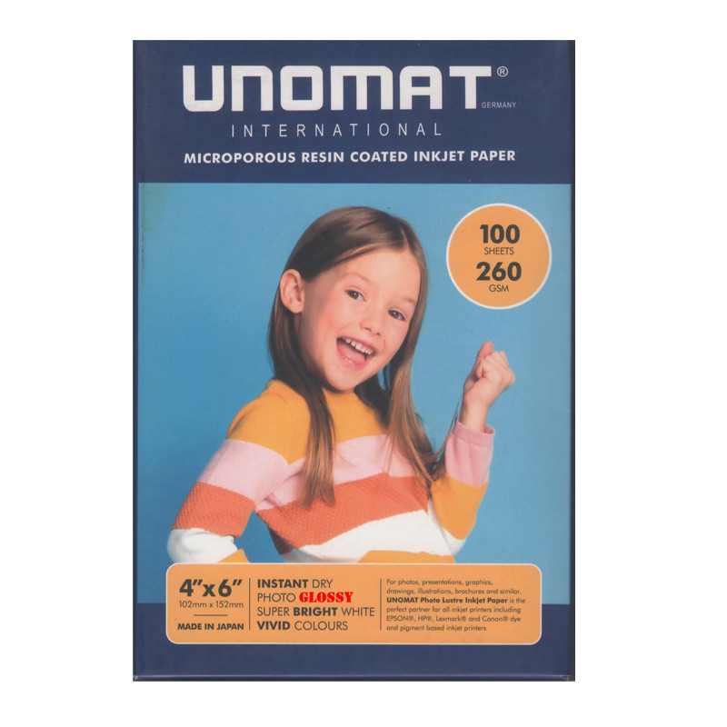 کاغذ چاپ عکس فتوگلاسه یونومات مدل 260g سایز 10*15 بسته 100 عددی