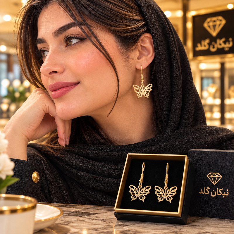 گوشواره عصایی طلا 18 عیار زنانه نیکان گلد مدل پروانه 471