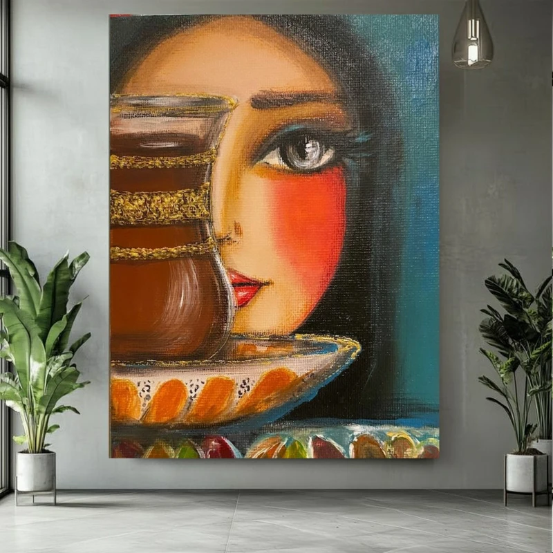 تابلو بوم طرح مخمل نقاشی بانوی ایرانی مدل فنجان چای کد PY485