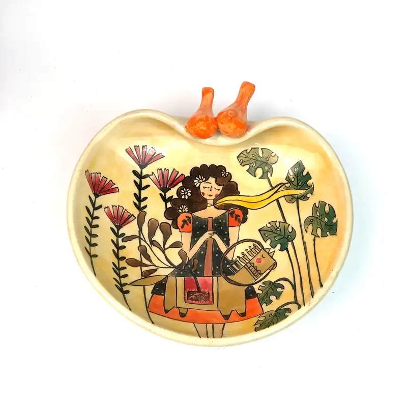 شیرینی خوری سفالی مدل گنجشک دار