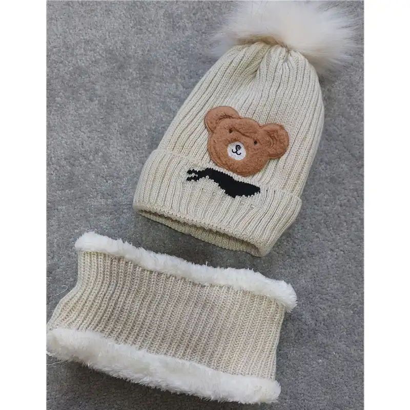 ست کلاه و شال گردن بافتنی بچگانه مدل تدی رنگ کرم