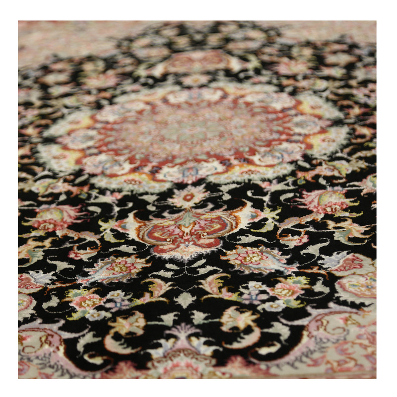فرش دستباف زرع و نیم طرح نقش علیا مدل کتیبه ای تبریز چله ابریشم کد 8982