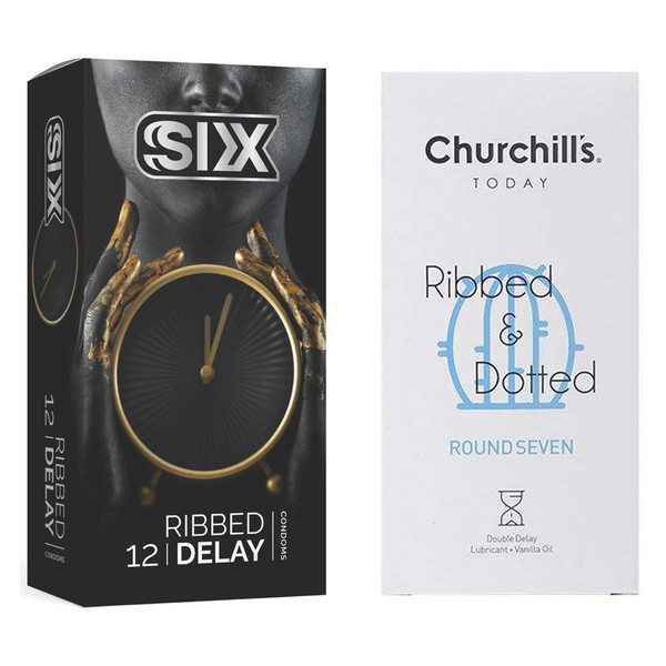 کاندوم چرچیلز مدل Round Seven بسته 12 عددی به همراه کاندوم سیکس مدل تاخیری شیاردار بسته 12 عددی