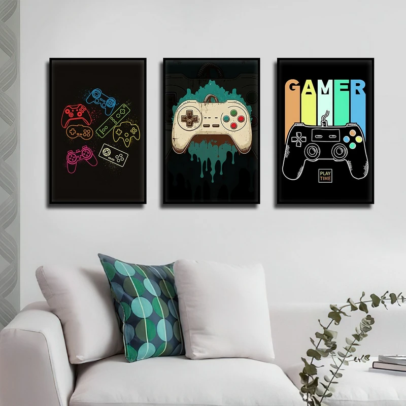 تابلو بکلیت طرح دسته بازی پلی استیشن  مدل B-4190 رنگ فریم مشکی مجموعه 3 عددی