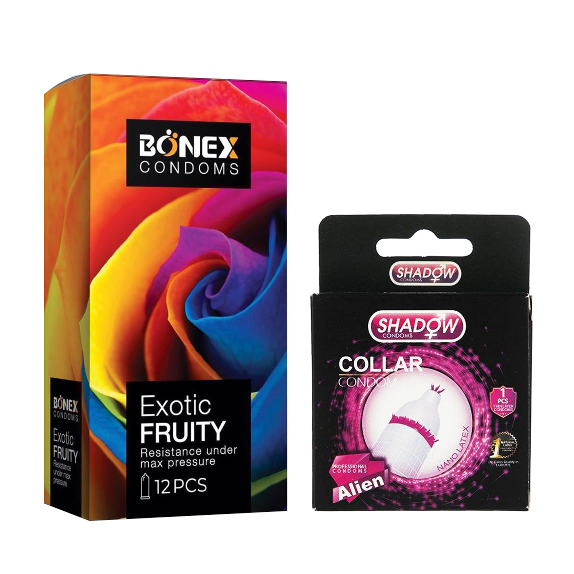 کاندوم بونکس مدل Exotic Fruity بسته 12 عددی به همراه کاندوم شادو مدل Collar