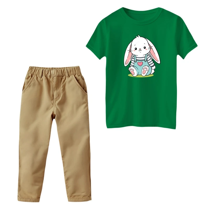 ست تی‌شرت و شلوار دخترانه مدل خرگوش راه راه رنگ سبز