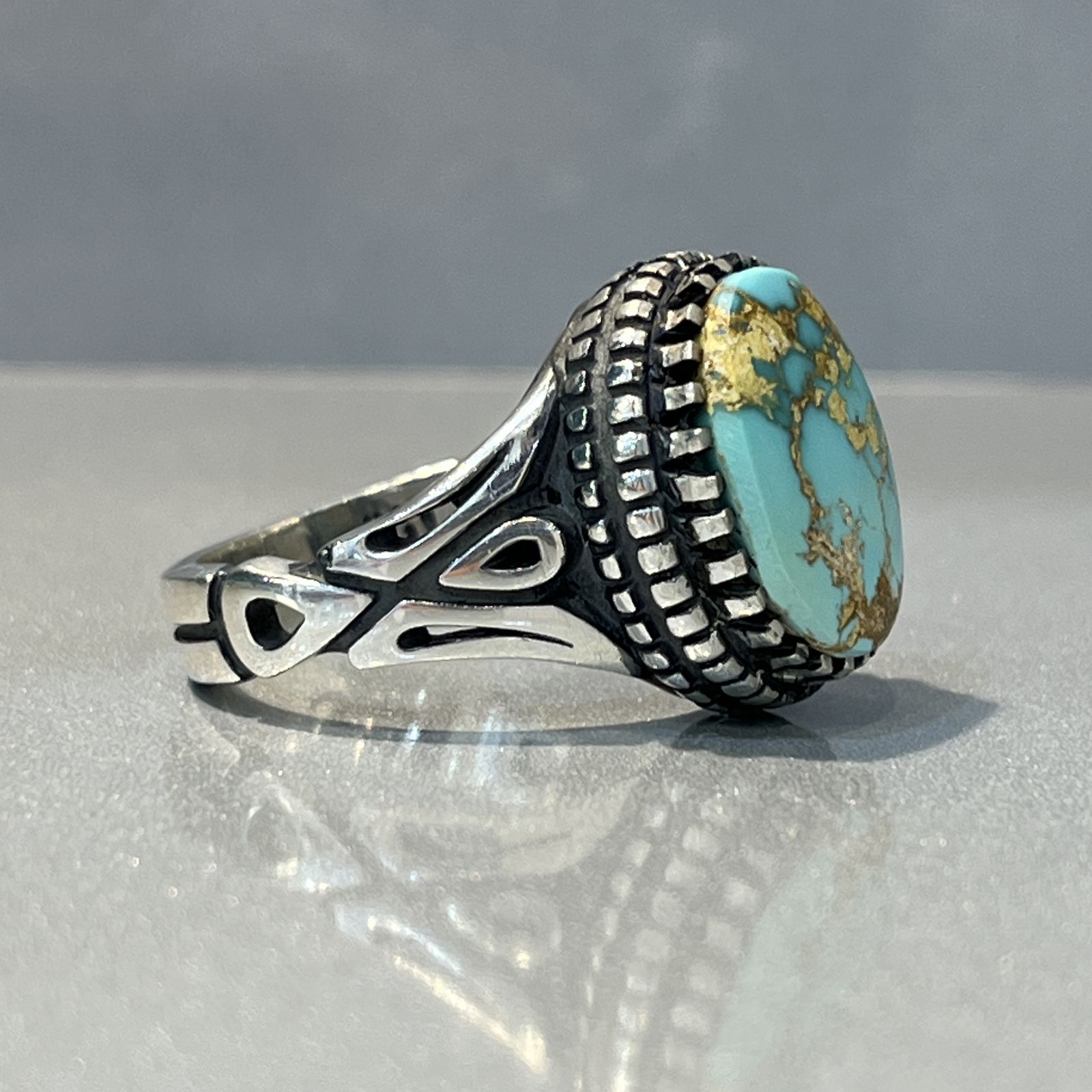 انگشتر نقره مردانه مدل هزار چنگ دستساز فیروزه نیشابوری کد 1 5-45 -  - 4