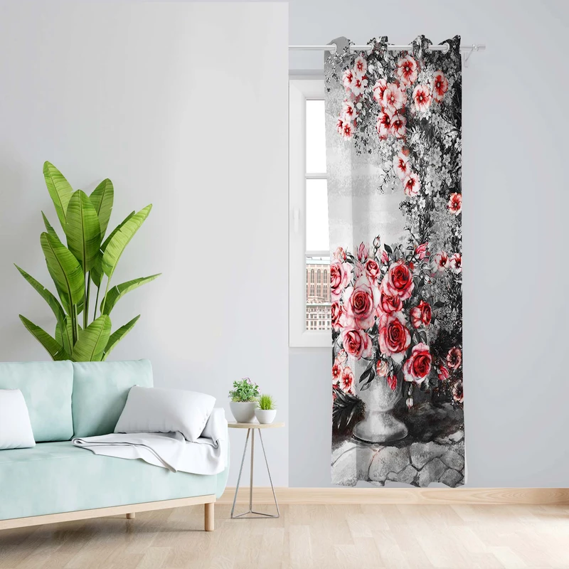 پرده طرح گل و گلدان مدل مخمل پانچی کد 5052R z سایز 140x200 سانتی متر