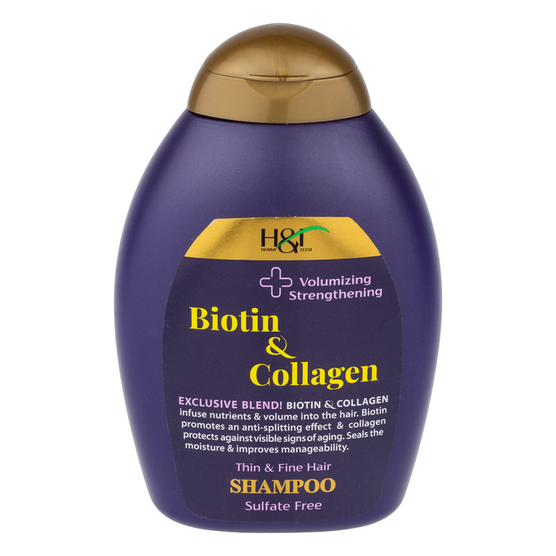 شامپو تقویت‌کننده و حجم‌دهنده مو هرباتک مدل Biotin & Collagen، ضدریزش، ترمیم‌کننده، نرم‌کننده و مرطوب‌کننده، بدون سولفات، مناسب موهای کم‌حجم و نازک، حجم 385 میلی‌لیتر