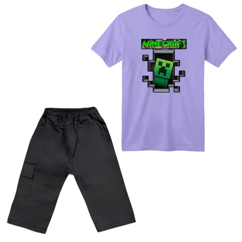 ست تی‌شرت آستین کوتاه و شلوارک پسرانه مدل ماینکرفت کد 003 رنگ یاسی