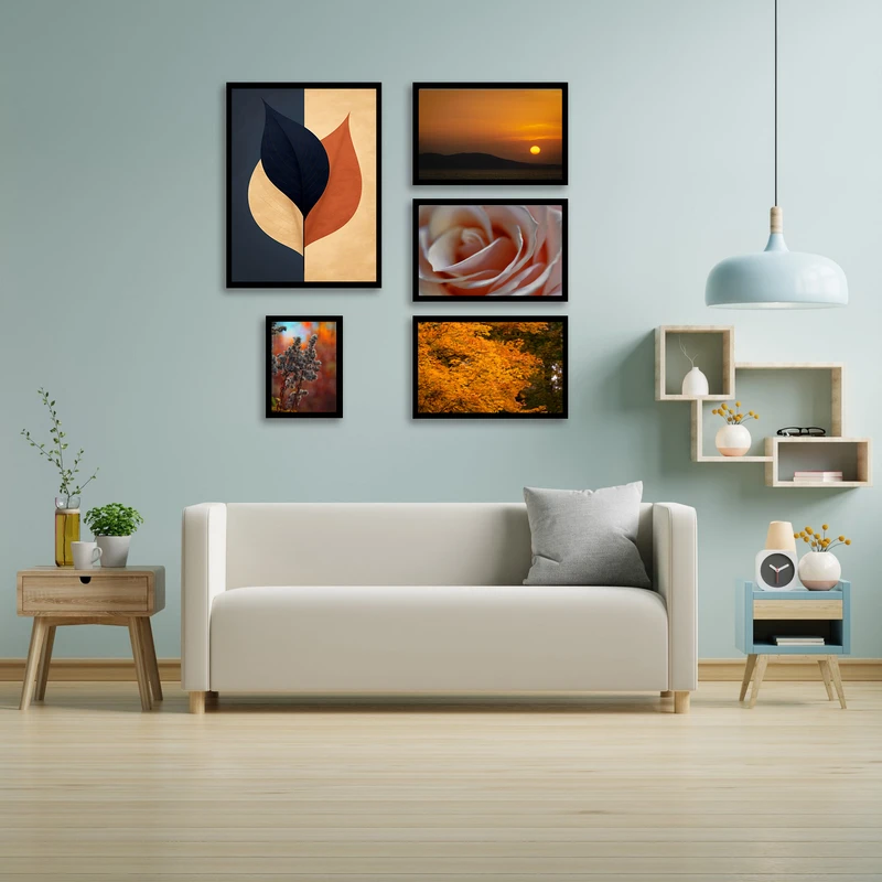 تابلو بکلیت طرح هنری مدرن و دکوراتیو طبیعت مینیمال مدل B-bu3849 مجموعه پنج عددی فریم مشکی