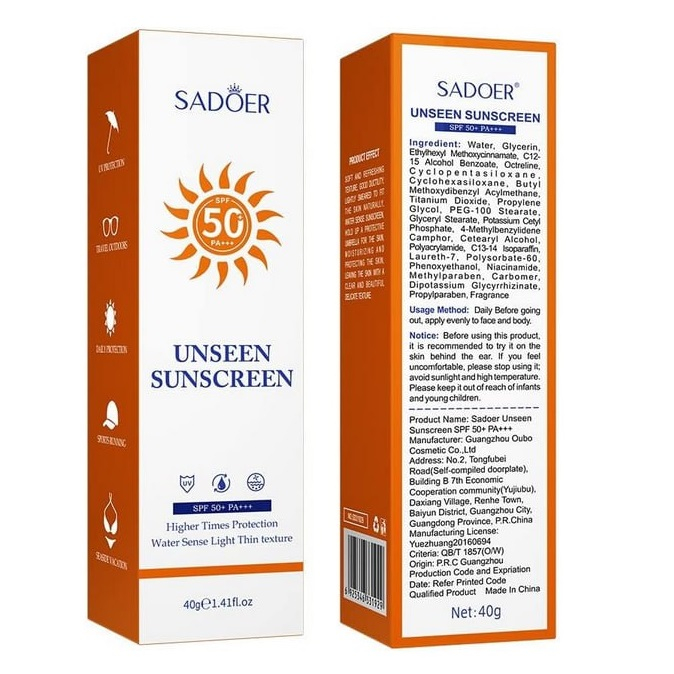 کرم ضد آفتاب بدون رنگ صورت و بدن سادور spf50 مدل UNSEEN محافظ PA+++,UVA،UVB مناسب برای انواع پوست وزن 40 گرم