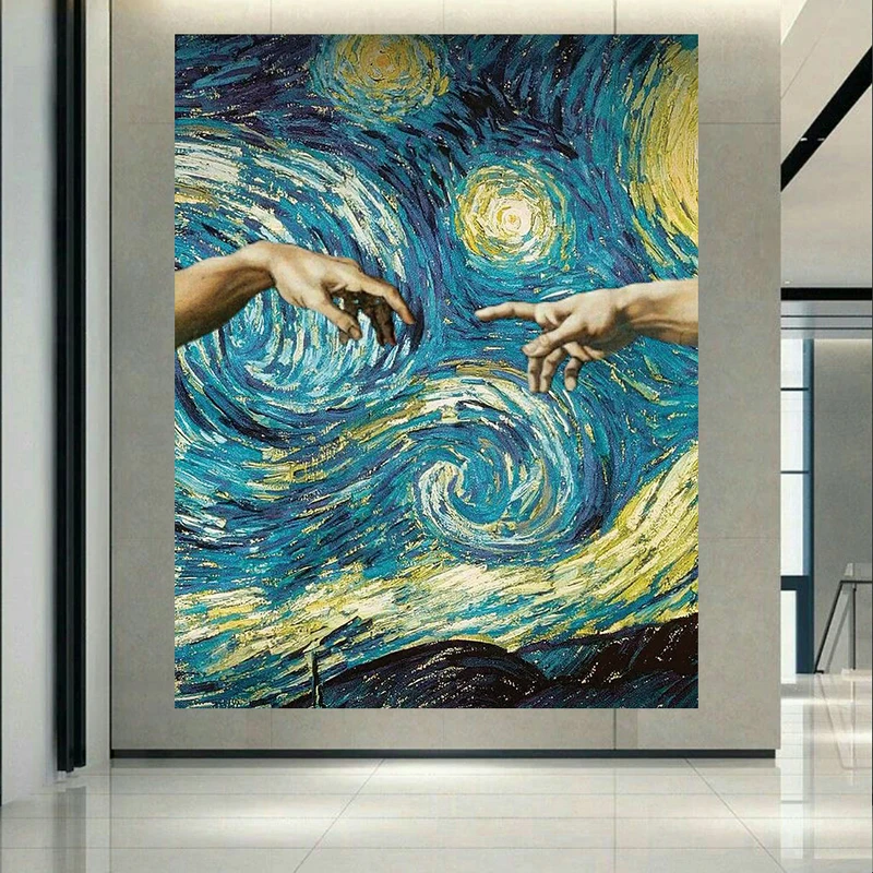 تابلو بوم طرح مخمل نقاشی شب پرستاره ونگوگ مدل دست ها کد PD1048