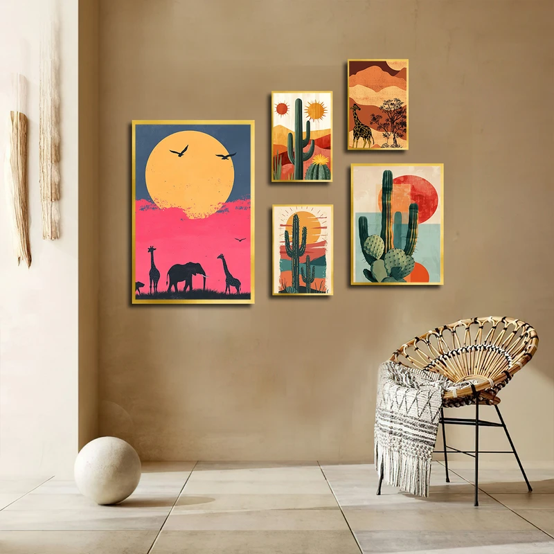 تابلو بکلیت طرح مینیمال طبیعت و حیات وحش مدل T-3223 فریم طلایی مجموعه 5 عددی