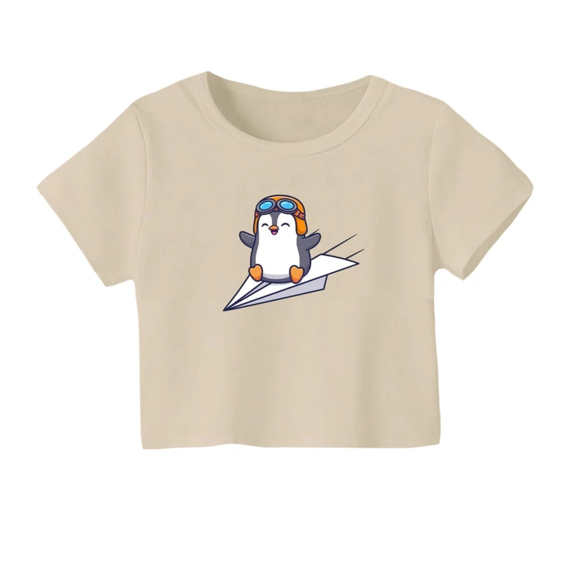 کراپ‌ تی‌شرت آستین کوتاه زنانه مدل پنگوِئن موشک سوار