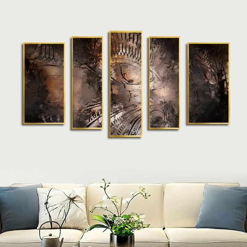 تابلو ساده بکلیت طرح نقاشی انتزاعی مدل شاین اکلیلی T-2513 فریم طلایی مجموعه 5 عددی