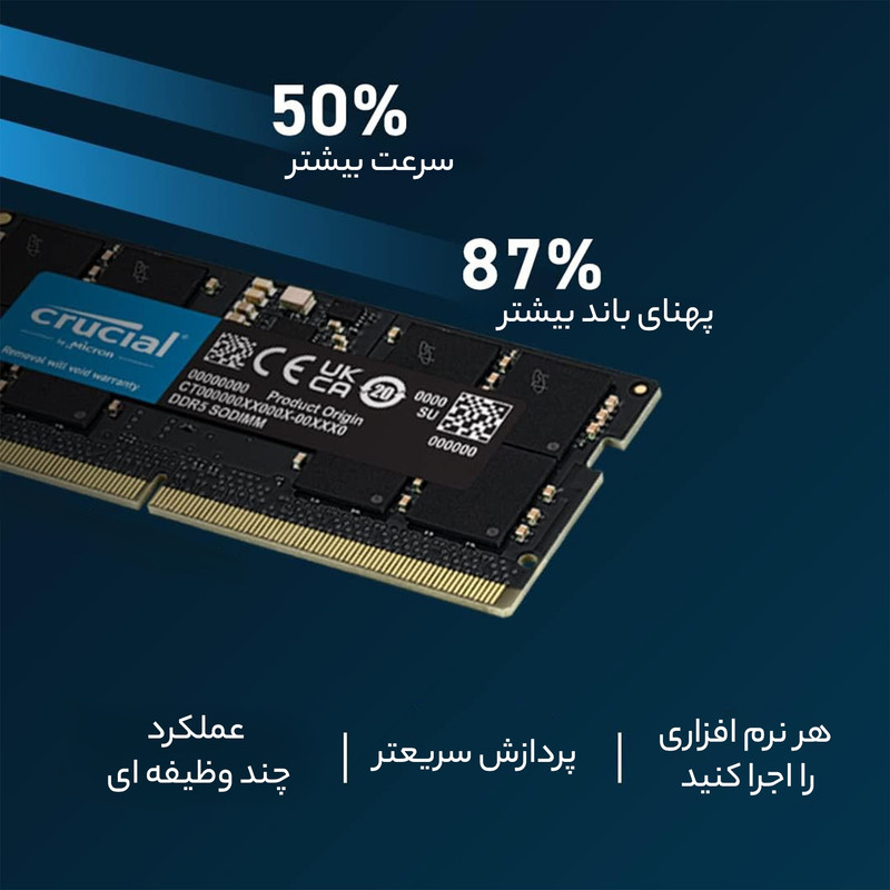 رم لپ‌تاپ کروشیال مدل CT16 DDR5 تک کاناله 16 گیگابایت فرکانس 4800 مگاهرتز تایمینگ CL40 ولتاژ کاری 1.1 ولت نوع SO-DIMM