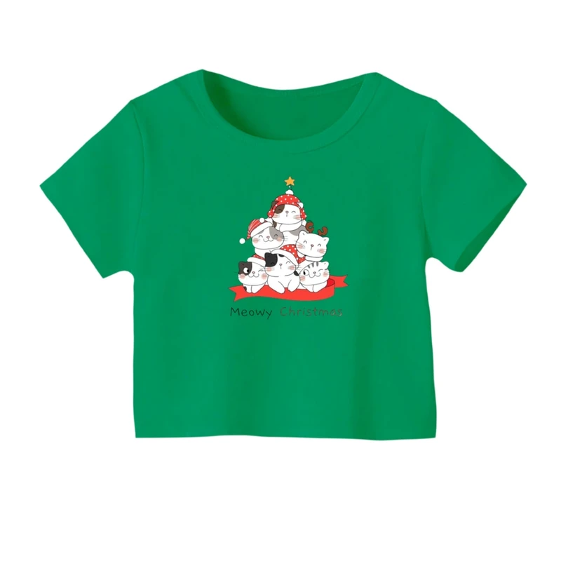 کراپ‌ تی‌شرت آستین کوتاه زنانه مدل گربه کریسمس کد 1