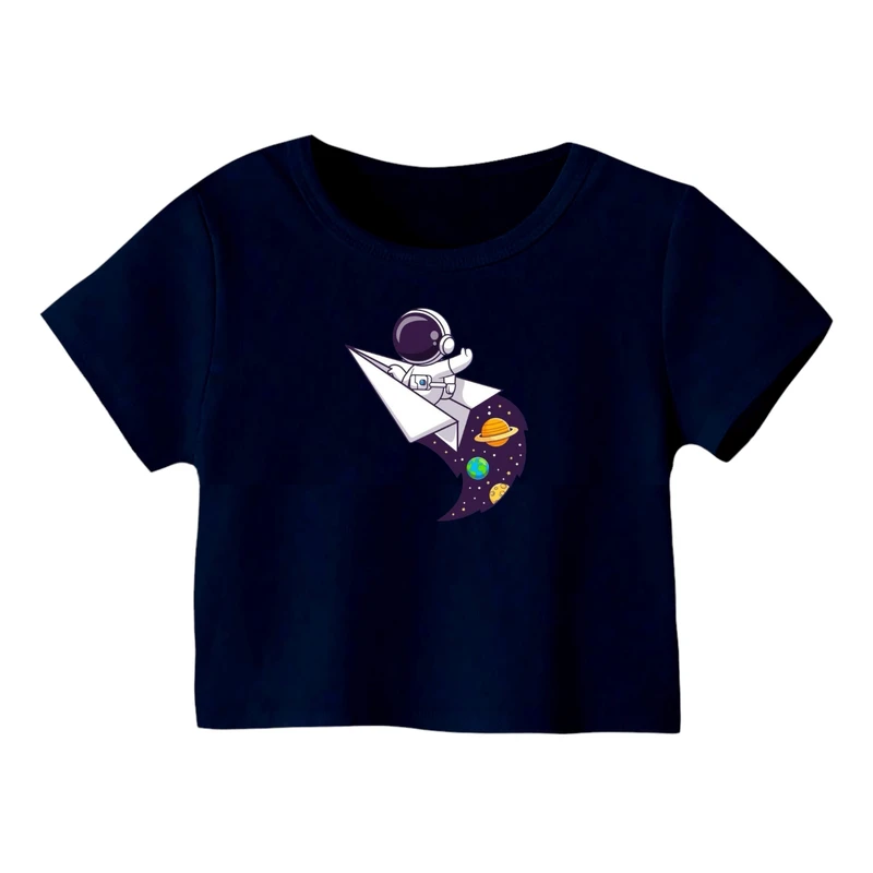 کراپ‌ تی‌شرت آستین کوتاه زنانه مدل فضانورد کد 11