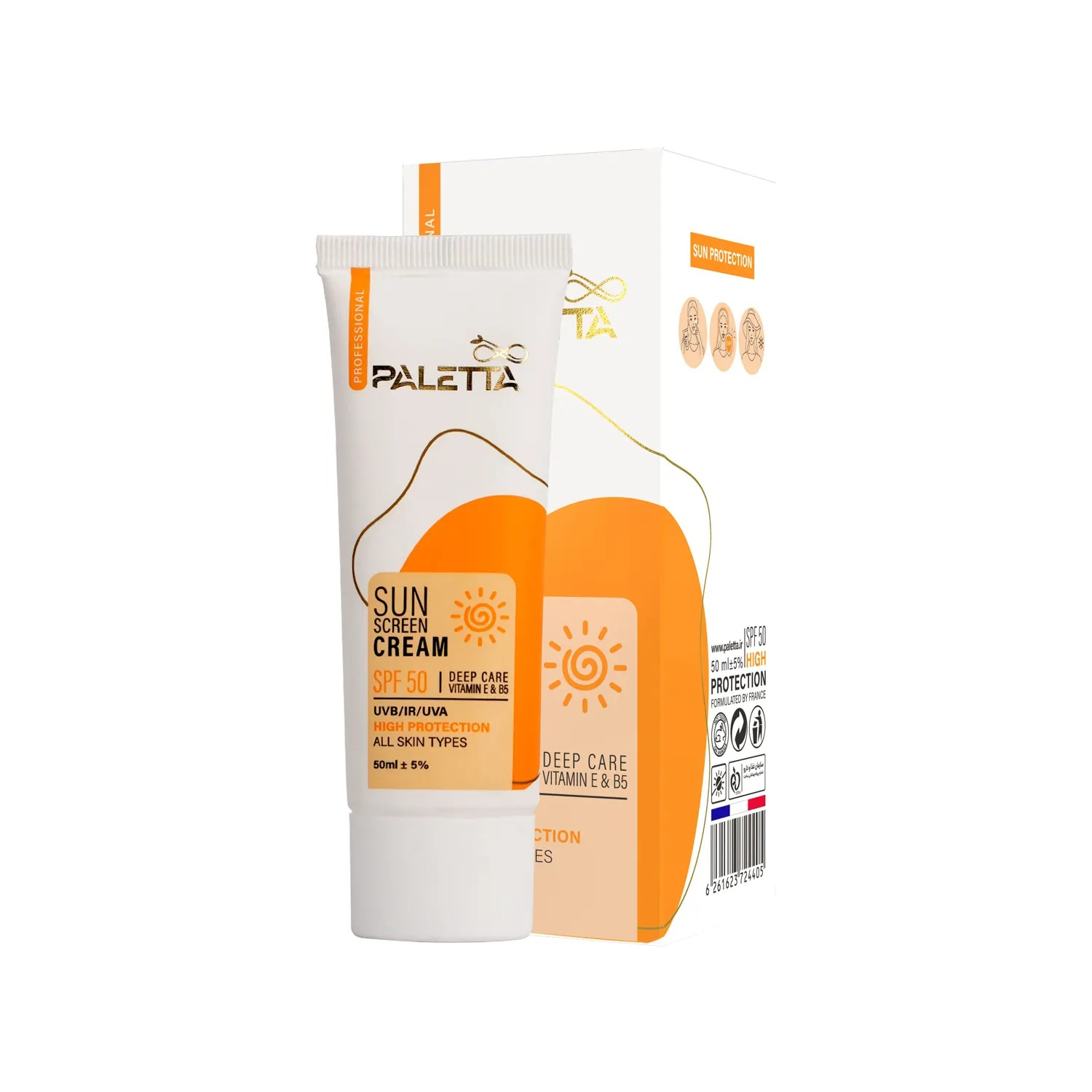 کرم ضد آفتاب بدون رنگ پالتا +SPF 50 مدل High protection محافظ UVA،UVB مناسب انواع پوست حجم 50 میلیلیتر