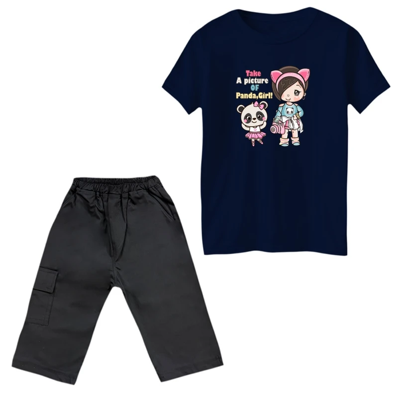 ست تی‌شرت و شلوارک دخترانه مدل دختر و پاندا