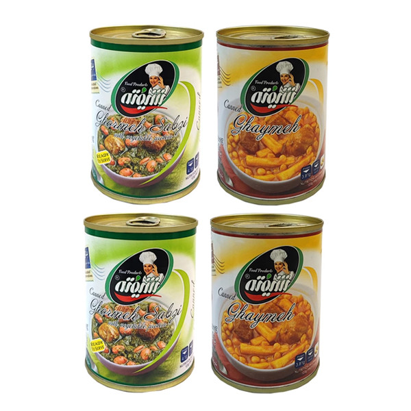  کنسرو خورشت قیمه با گوشت گیاهی شیفته - 370 گرم به همراه کنسرو خورشت قرمه سبزی شیفته - 370 گرم بسته 4 عددی