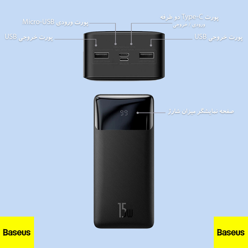 پاوربانک بیسوس مدل PJSB15W ظرفیت 30000 میلی آمپر ساعت