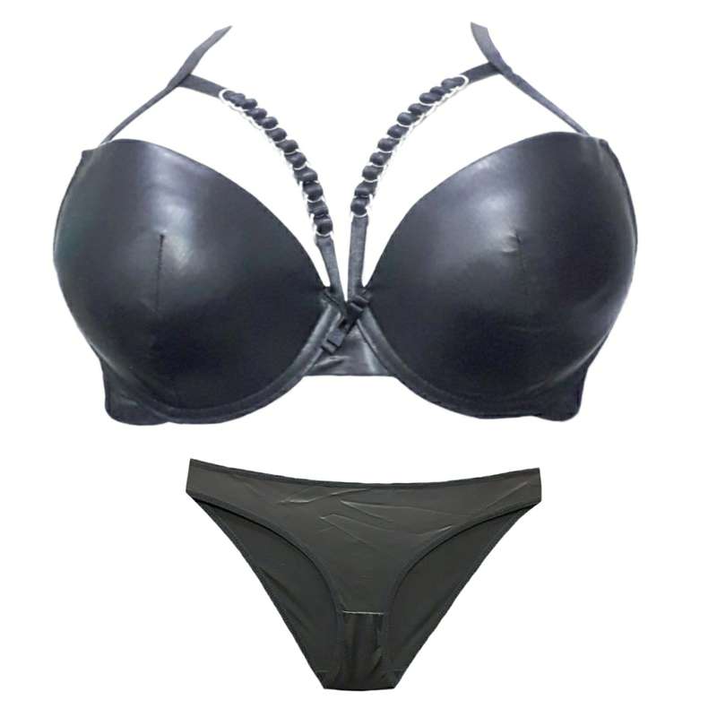 ست شورت و سوتین زنانه مدل چرمی زنجیردار رنگ مشکی