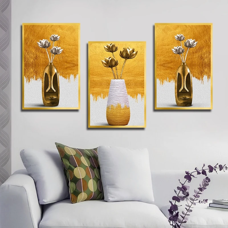 تابلو بکلیت طرح گلدان و گل مدل شاین اکلیلی T-2464 فریم طلایی مجموعه 3 عددی